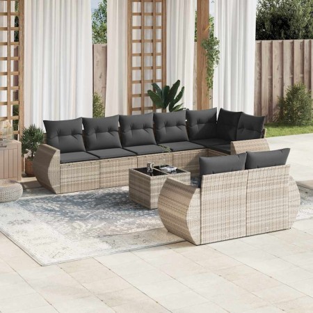 Set muebles jardín 9 pzas y cojines ratán sintético gris claro en Conjuntos de jardín | Comprar online en Foru.es