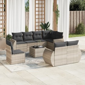 Set muebles jardín 9 pzas y cojines ratán sintético gris claro en Conjuntos de jardín | Comprar online en Foru.es