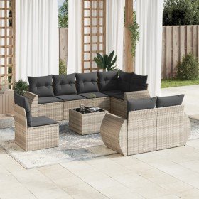 Set muebles jardín 9 pzas y cojines ratán sintético gris claro en Conjuntos de jardín | Comprar online en Foru.es