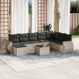 Set muebles jardín 9 pzas y cojines ratán sintético gris claro en Conjuntos de jardín | Comprar online en Foru.es