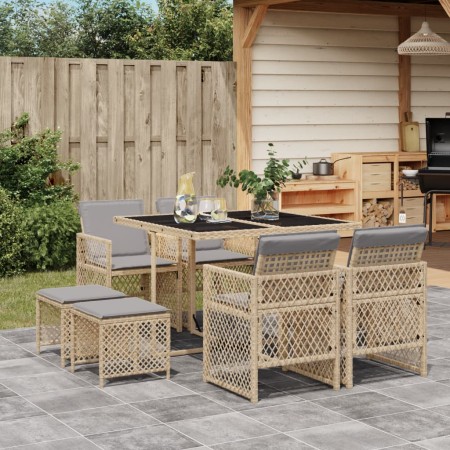Set comedor de jardín 9 pzas con cojines ratán sintético beige de , Conjuntos de jardín - Ref: Foro24-3210780, Precio: 404,68...