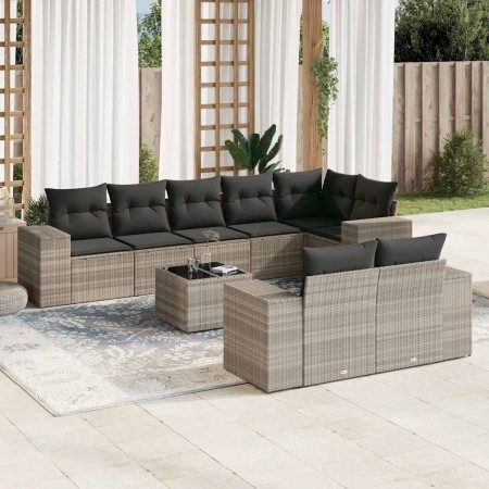 Set muebles jardín 9 pzas y cojines ratán sintético gris claro en Conjuntos de jardín | Comprar online en Foru.es