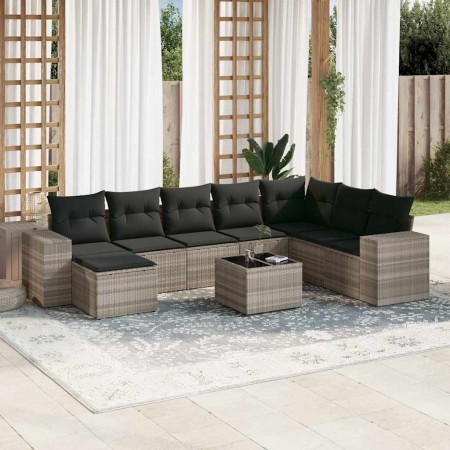 Set muebles jardín 9 pzas y cojines ratán sintético gris claro en Conjuntos de jardín | Comprar online en Foru.es