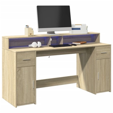 Escritorio con LED madera ingeniería roble Sonoma 160x55x91 cm de , Escritorios - Ref: Foro24-3309431, Precio: 189,57 €, Desc...