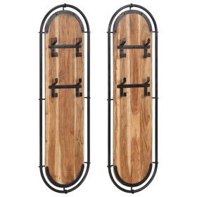 Percheros de pared con 4 ganchos 2 uds madera maciza de acacia de , Percheros para sombreros y abrigos - Ref: Foro24-4013504,...