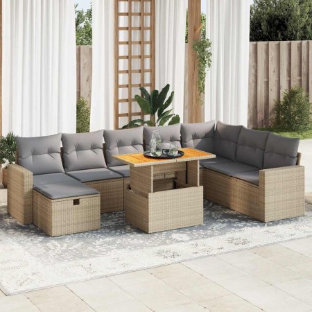 Set sofás jardín y cojines 9 pzas ratán sintético acacia beige de , Conjuntos de jardín - Ref: Foro24-3328018, Precio: 640,07...