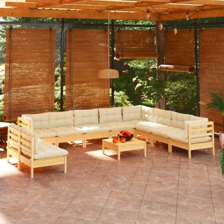 Muebles de jardín 11 pzas y cojines madera maciza de pino crema de vidaXL, Conjuntos de jardín - Ref: Foro24-3096845, Precio:...