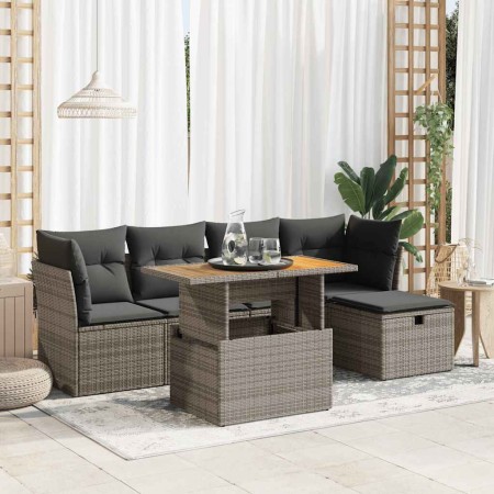 Set sofás jardín y cojines 6 pzas ratán sintético acacia gris de , Conjuntos de jardín - Ref: Foro24-3327970, Precio: 384,70 ...