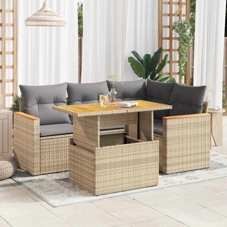 Set sofás jardín y cojines 5 pzas ratán sintético acacia beige de , Conjuntos de jardín - Ref: Foro24-3327482, Precio: 387,87...