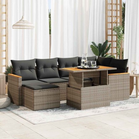 Set sofás jardín y cojines 7 pzas ratán sintético acacia gris de , Conjuntos de jardín - Ref: Foro24-3327511, Precio: 452,93 ...