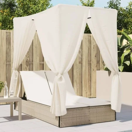 Tumbona doble con techo y cortinas ratán sintético beige von , Liegen - Ref: Foro24-368076, Preis: 324,76 €, Rabatt: %