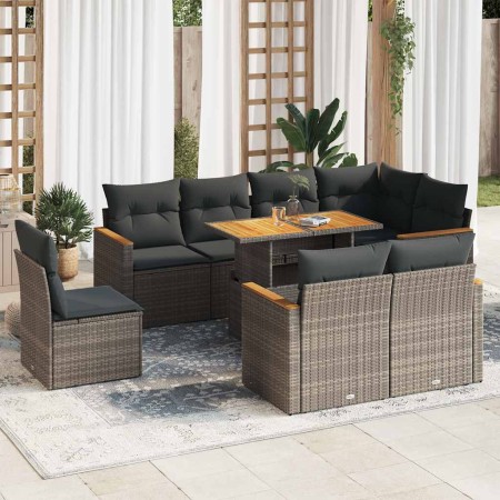 Set sofás jardín y cojines 9 pzas ratán sintético acacia gris de , Conjuntos de jardín - Ref: Foro24-3327504, Precio: 603,19 ...