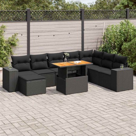 Set sofás jardín y cojines 9 pzas ratán sintético acacia negro de , Conjuntos de jardín - Ref: Foro24-3327408, Precio: 614,38...