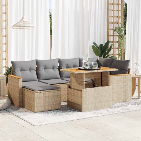 Set sofás jardín y cojines 7 pzas ratán sintético acacia beige de , Conjuntos de jardín - Ref: Foro24-3327510, Precio: 488,07...
