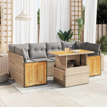 Set sofás jardín y cojines 7 pzas ratán sintético acacia beige de , Conjuntos de jardín - Ref: Foro24-3327678, Precio: 509,29...