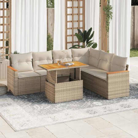 Set sofás jardín y cojines 7 pzas ratán sintético acacia beige de , Conjuntos de jardín - Ref: Foro24-3327495, Precio: 530,13...