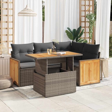 Set sofás jardín y cojines 5 pzas ratán sintético acacia gris de , Conjuntos de jardín - Ref: Foro24-3327707, Precio: 391,25 ...