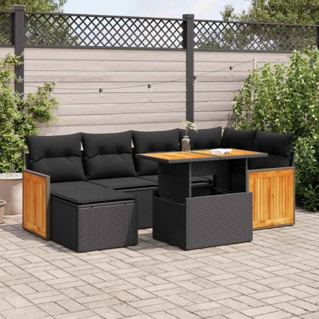 Set sofás jardín y cojines 7 pzas ratán sintético acacia negro de , Conjuntos de jardín - Ref: Foro24-3327730, Precio: 479,84...