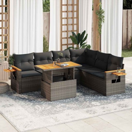 Set sofás jardín y cojines 7 pzas ratán sintético acacia gris de , Conjuntos de jardín - Ref: Foro24-3327609, Precio: 491,08 ...