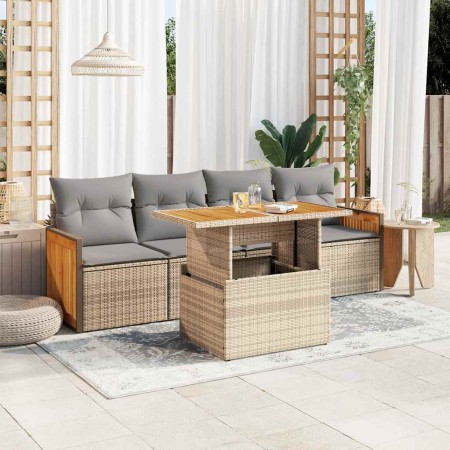 Set sofás jardín y cojines 5 pzas ratán sintético acacia beige de , Conjuntos de jardín - Ref: Foro24-3327657, Precio: 357,68...