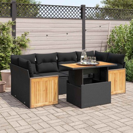Set sofás jardín y cojines 7 pzas ratán sintético acacia negro de , Conjuntos de jardín - Ref: Foro24-3327674, Precio: 512,63...