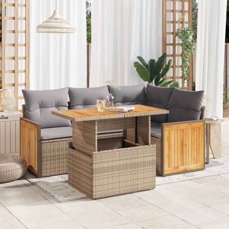 Set sofás jardín y cojines 5 pzas ratán sintético acacia beige de , Conjuntos de jardín - Ref: Foro24-3327706, Precio: 379,59...