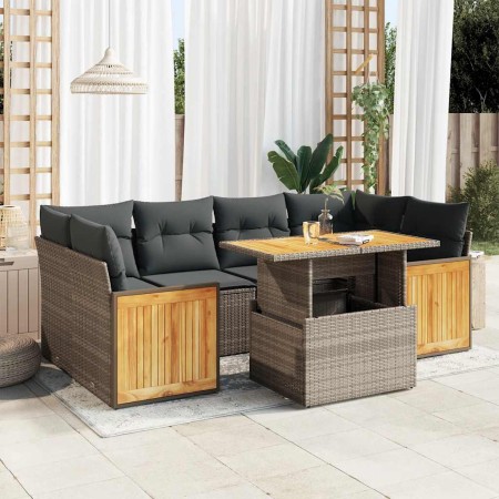 Set sofás jardín y cojines 7 pzas ratán sintético acacia gris de , Conjuntos de jardín - Ref: Foro24-3327679, Precio: 492,05 ...