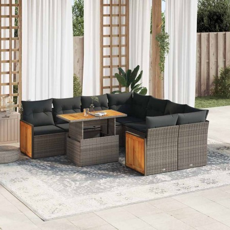 Set sofás jardín y cojines 9 pzas ratán sintético acacia gris de , Conjuntos de jardín - Ref: Foro24-3327693, Precio: 599,87 ...