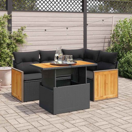 Set sofás jardín y cojines 5 pzas ratán sintético acacia negro de , Conjuntos de jardín - Ref: Foro24-3327702, Precio: 377,34...