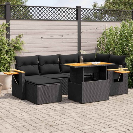 Set sofás jardín y cojines 7 pzas ratán sintético acacia negro de , Conjuntos de jardín - Ref: Foro24-3327618, Precio: 536,01...