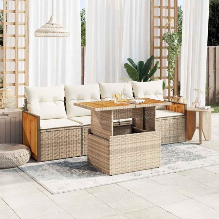 Set sofás jardín y cojines 5 pzas ratán sintético acacia beige de , Conjuntos de jardín - Ref: Foro24-3327656, Precio: 394,08...