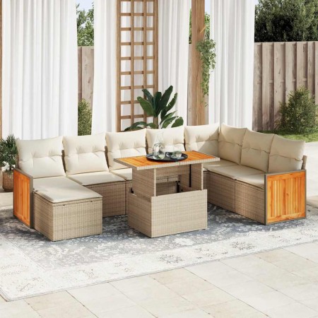 Set sofás jardín y cojines 9 pzas ratán sintético acacia beige de , Conjuntos de jardín - Ref: Foro24-3327747, Precio: 629,90...