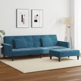 Sofá cama de 2 plazas con taburete terciopelo azul en Sofás | Comprar online en Foru.es