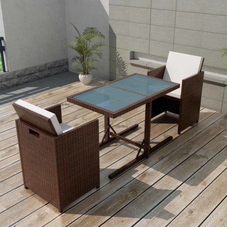 Mesa y sillas bistró jardín 3 pzas y cojines poli ratán marrón de , Conjuntos de jardín - Ref: Foro24-42540, Precio: 271,52 €...