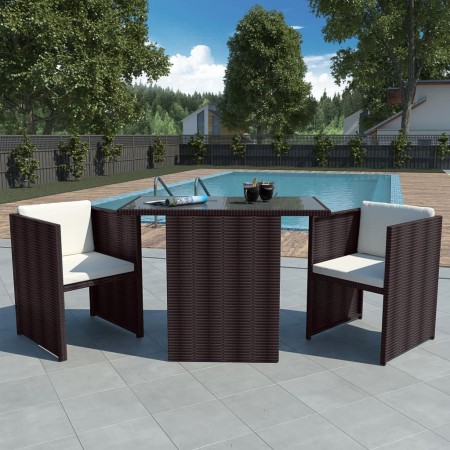 Mesa y sillas bistró jardín 3 pzas y cojines poli ratán marrón de , Conjuntos de jardín - Ref: Foro24-42485, Precio: 229,63 €...