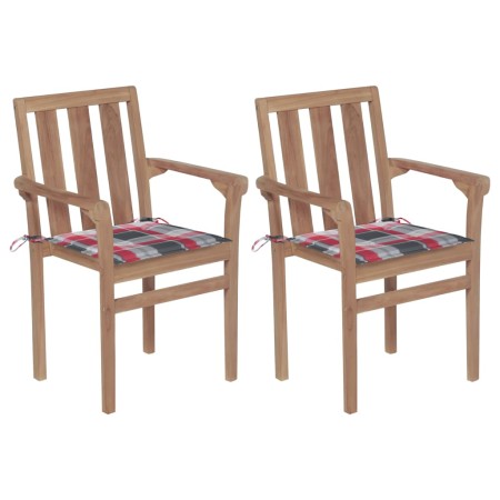 Sillas de jardín 2 uds madera teca con cojines a cuadros rojos de , Sillas de jardín - Ref: Foro24-3062221, Precio: 255,66 €,...
