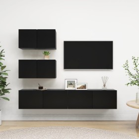 Set de muebles de salón TV 4 piezas madera de ingeniería negro de , Muebles TV - Ref: Foro24-3078815, Precio: 167,34 €, Descu...