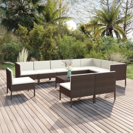 Set muebles de jardín 11 pzas y cojines ratán sintético marrón de , Conjuntos de jardín - Ref: Foro24-3094451, Precio: 868,70...