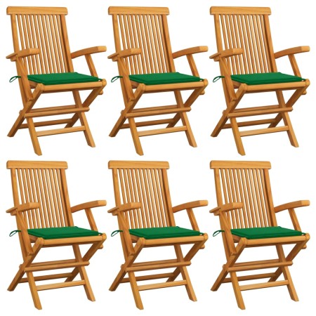 Sillas de jardín 6 uds madera maciza de teca con cojines verdes de , Sillas de jardín - Ref: Foro24-3062546, Precio: 453,86 €...