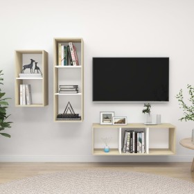 Muebles de salón 3 pzas madera ingeniería blanco y roble Sonoma de , Muebles TV - Ref: Foro24-3079633, Precio: 136,75 €, Desc...