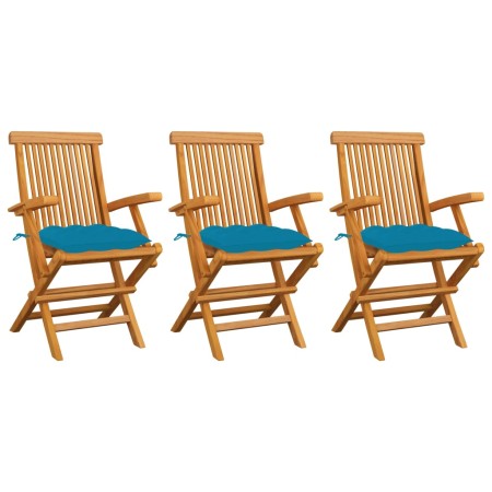 Sillas de jardín 3 uds madera teca con cojines azul claro de vidaXL, Sillas de jardín - Ref: Foro24-3062533, Precio: 254,52 €...