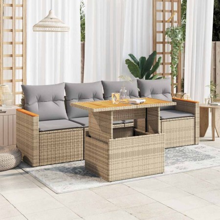 Set sofás jardín y cojines 5 pzas ratán sintético acacia beige de , Conjuntos de jardín - Ref: Foro24-3327433, Precio: 357,81...
