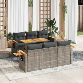 Set sofás jardín y cojines 7 pzas ratán sintético acacia gris de , Conjuntos de jardín - Ref: Foro24-3327560, Precio: 533,10 ...