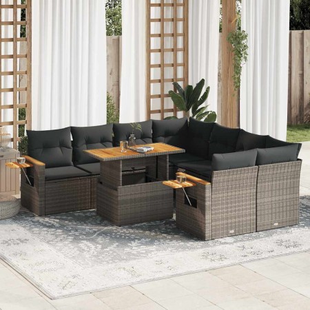 Set sofás jardín y cojines 9 pzas ratán sintético acacia gris de , Conjuntos de jardín - Ref: Foro24-3327581, Precio: 606,84 ...