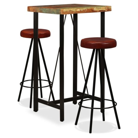 Set muebles de bar 3 pzas madera maciza reciclada cuero genuino de , muebles para cocinas y comedores - Ref: Foro24-275139, P...