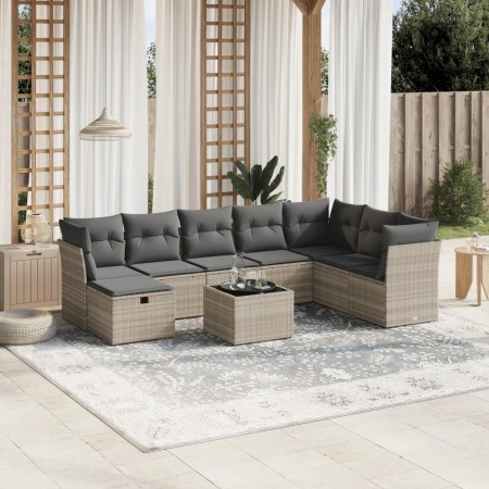 Set muebles jardín 9 pzas y cojines ratán sintético gris claro en Conjuntos de jardín | Comprar online en Foru.es