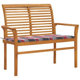 Banco de jardín madera de teca con cojín a cuadros rojo 112 cm de , Bancos de jardín - Ref: Foro24-3062662, Precio: 152,68 €,...