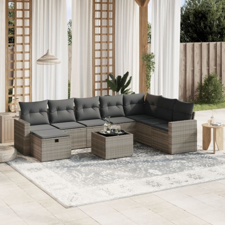 Set muebles jardín 9 pzas y cojines ratán sintético gris claro en Conjuntos de jardín | Comprar online en Foru.es