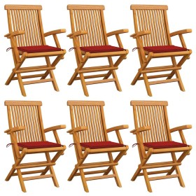 Sillas de jardín 6 uds madera maciza de teca con cojines rojos de , Sillas de jardín - Ref: Foro24-3062547, Precio: 473,03 €,...