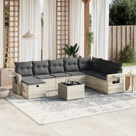 Set muebles jardín 9 pzas y cojines ratán sintético gris claro en Conjuntos de jardín | Comprar online en Foru.es